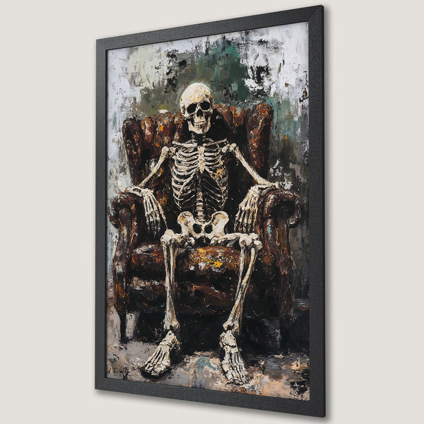 Framed Poster featuring a skeleton in a chair, oil painting style, dark and earthy color palette. Unique wall art.