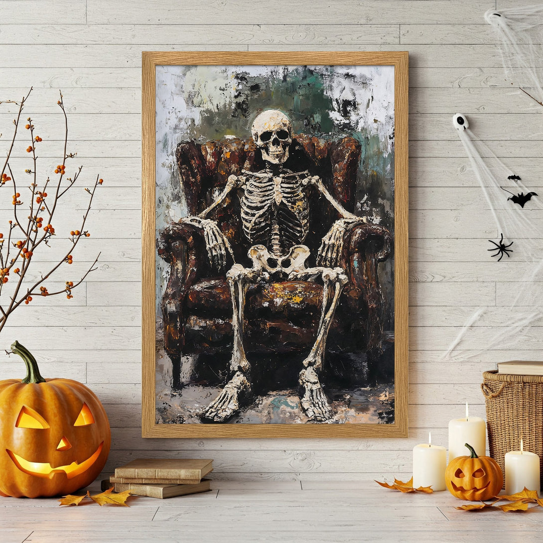 Framed Poster featuring a skeleton in a chair, abstract art style, dark brown and beige color palette, perfect for Halloween decor.