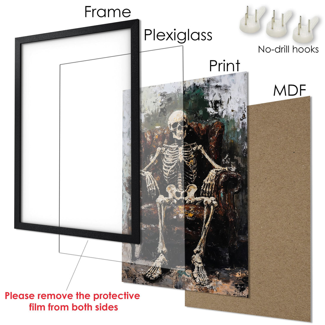 Framed Poster featuring a skeleton in an abstract style with a dark, moody color palette. Add unique art to your walls!