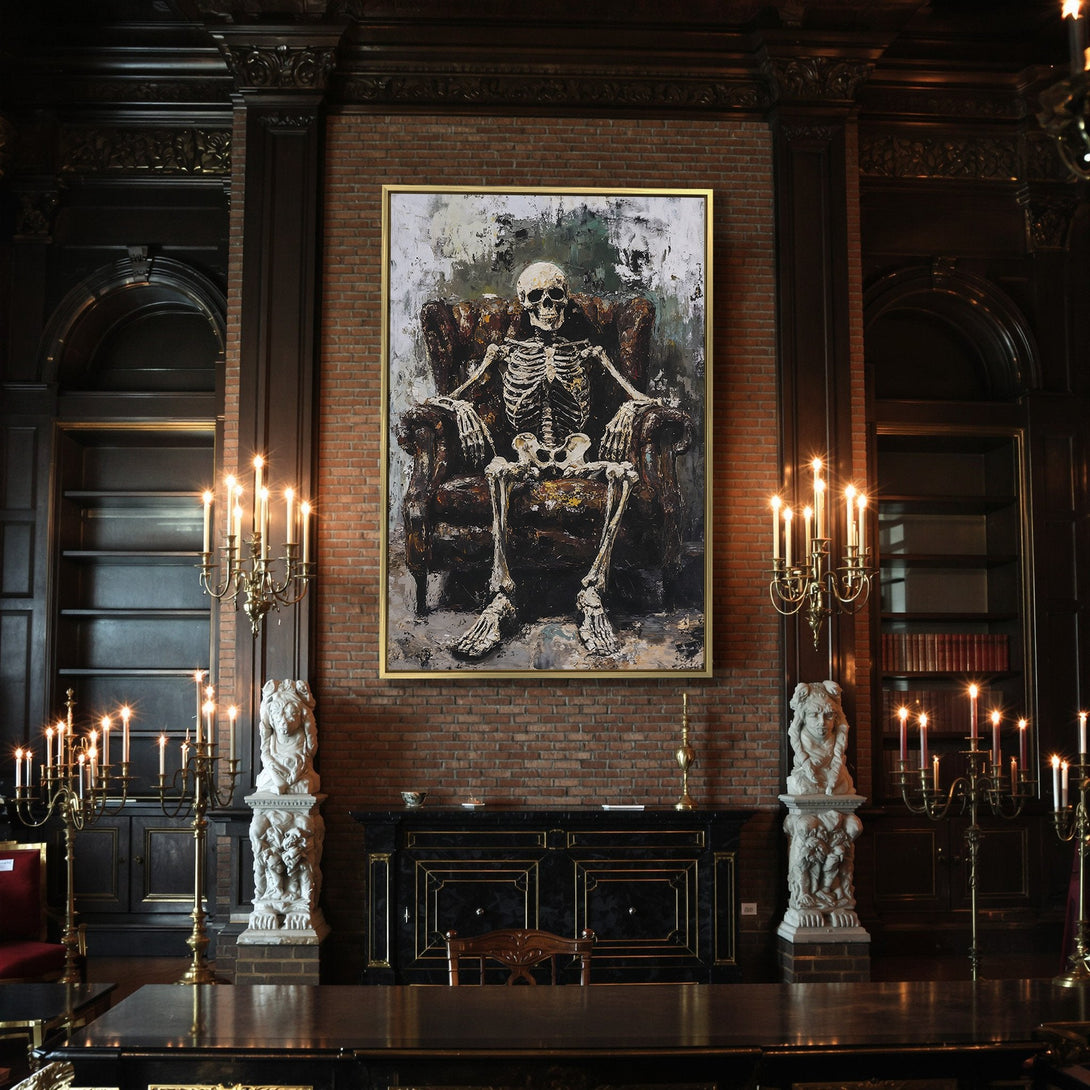 Canvas Print of a skeleton in a chair. Spooky, gothic art with a dark, moody color palette for Halloween decor.