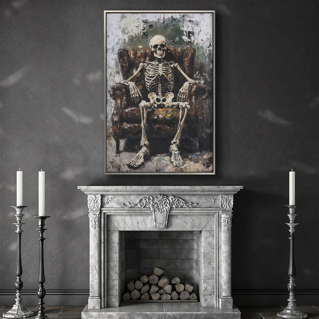 Framed Wall Art featuring a skeleton in a chair, painted in a dark, moody style with a brown and grey color palette. Perfect for adding a unique touch.