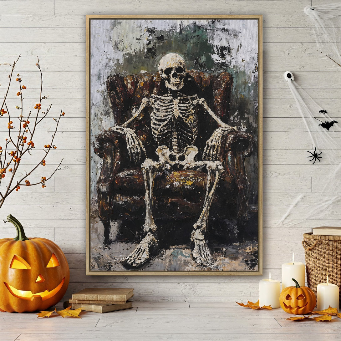 Framed Wall Art: Spooky skeleton art print in a moody, dark palette. Perfect Halloween decor! Adds a touch of gothic style to your home.