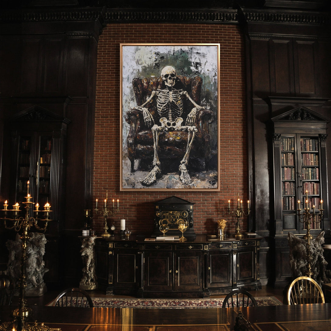 Framed Wall Art: Skeleton painting in a gothic interior. Dark, moody color palette. Perfect for adding a unique, artistic touch to your home.