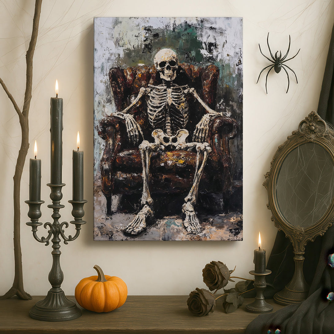 Framed Wall Art: Skeleton in a chair, dark and moody abstract painting with a gold frame. Perfect for adding a unique, gothic touch to your decor.