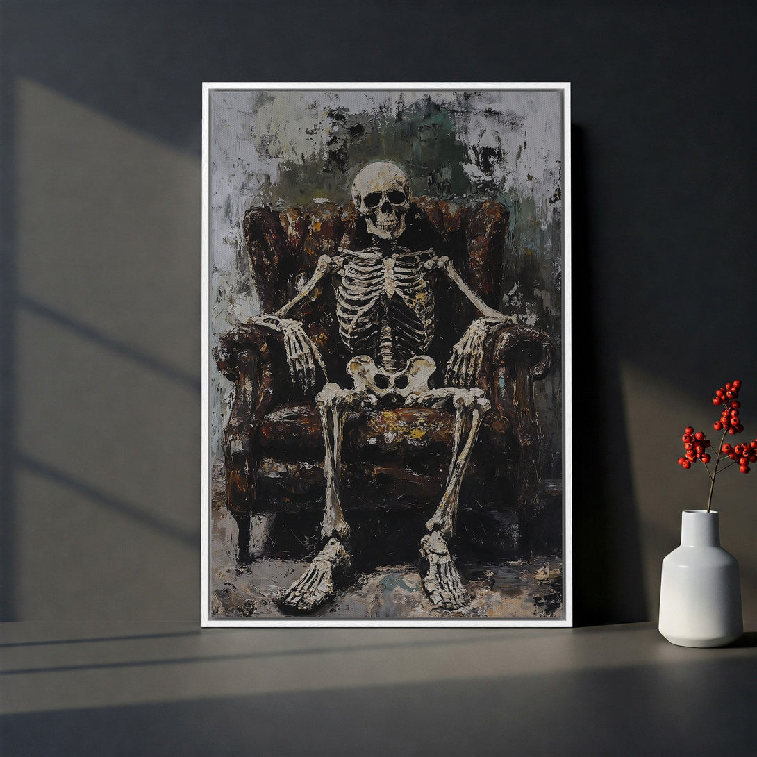 Framed Wall Art: Dramatic skeleton portrait in moody, dark color palette. Gothic-inspired canvas print perfect for adding a unique touch to your space.