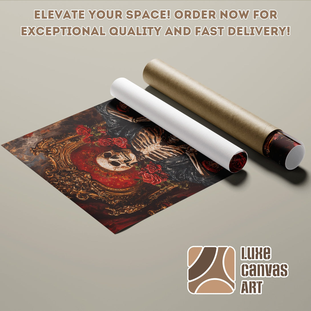 Poster Roll featuring a gothic skull and roses in a dark red and gold palette. Elevate your space with Luxe Canvas Art.