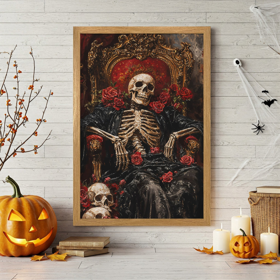 Framed Poster featuring a skeleton on a throne, gothic style, with red and gold accents. Perfect for Halloween decor!