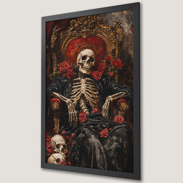 Framed Poster featuring a skeleton on a throne with roses, in a dark, gothic style with a red and gold color palette. Perfect wall art.