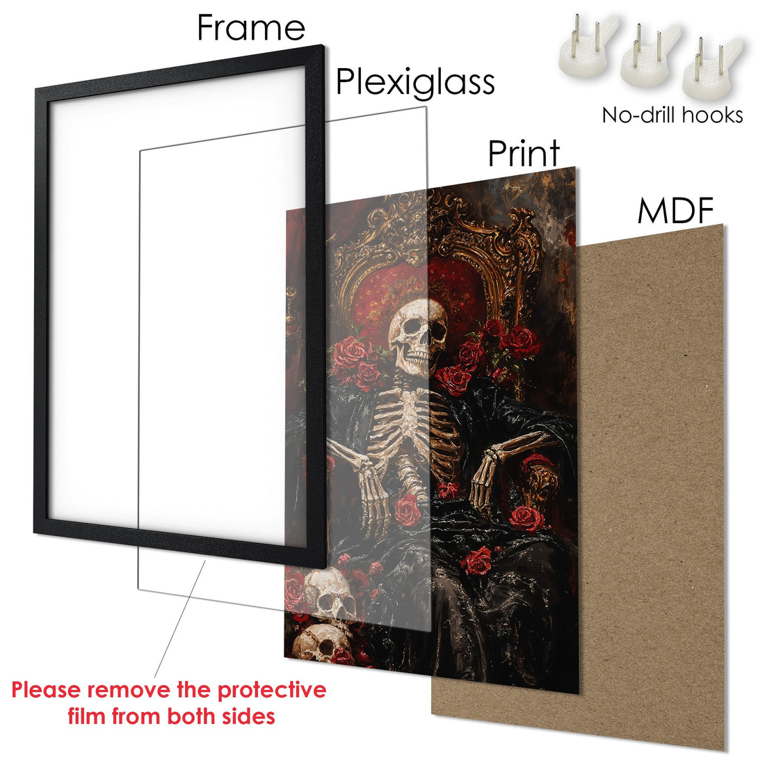 Framed Poster: Gothic skeleton art with red roses, dark color palette. Ready to hang wall art.
