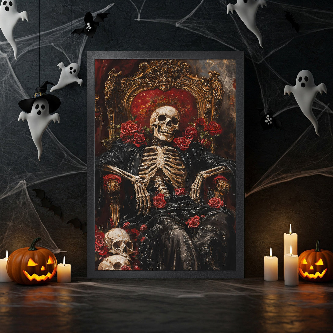 Framed Poster: Skeleton king on throne, gothic art style, dark red and black color palette, perfect for Halloween decor.