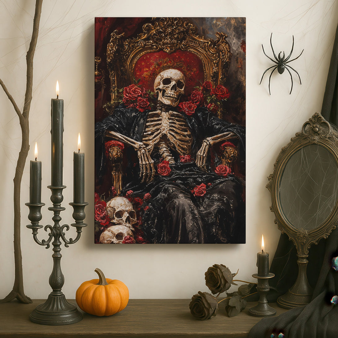 Framed Wall Art: Gothic skeleton portrait with roses, dark & dramatic style, rich red & black color palette, perfect for unique home decor.