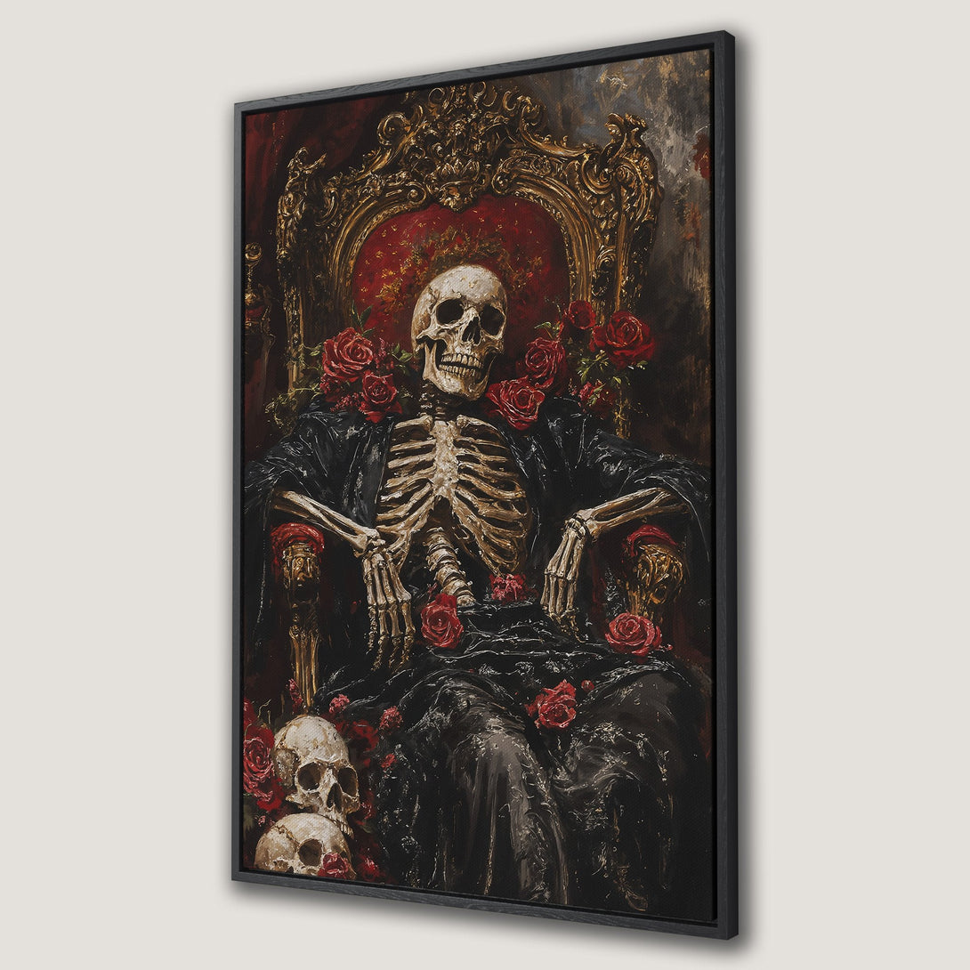 Framed Wall Art: Gothic skeleton on throne with roses. Dark, dramatic painting with red, black, and gold color palette. Perfect for unique home decor.