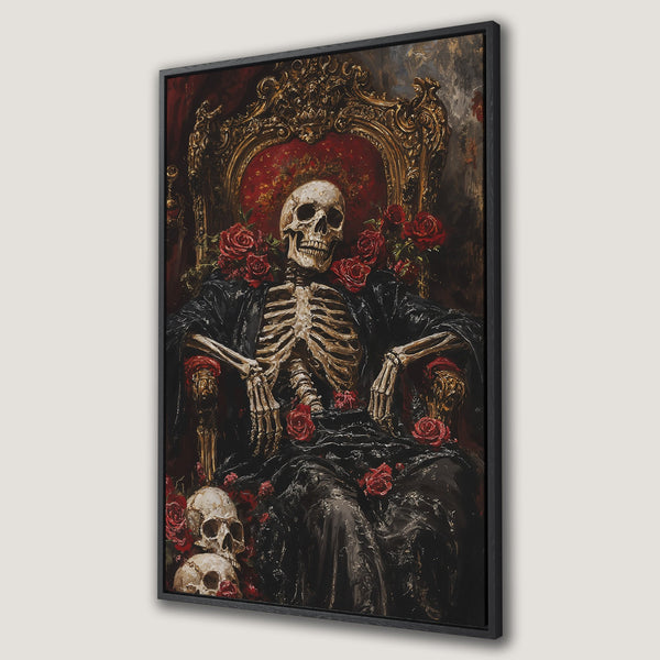 Framed Wall Art: Gothic skeleton on throne with roses. Dark, dramatic painting with red, black, and gold color palette. Perfect for unique home decor.