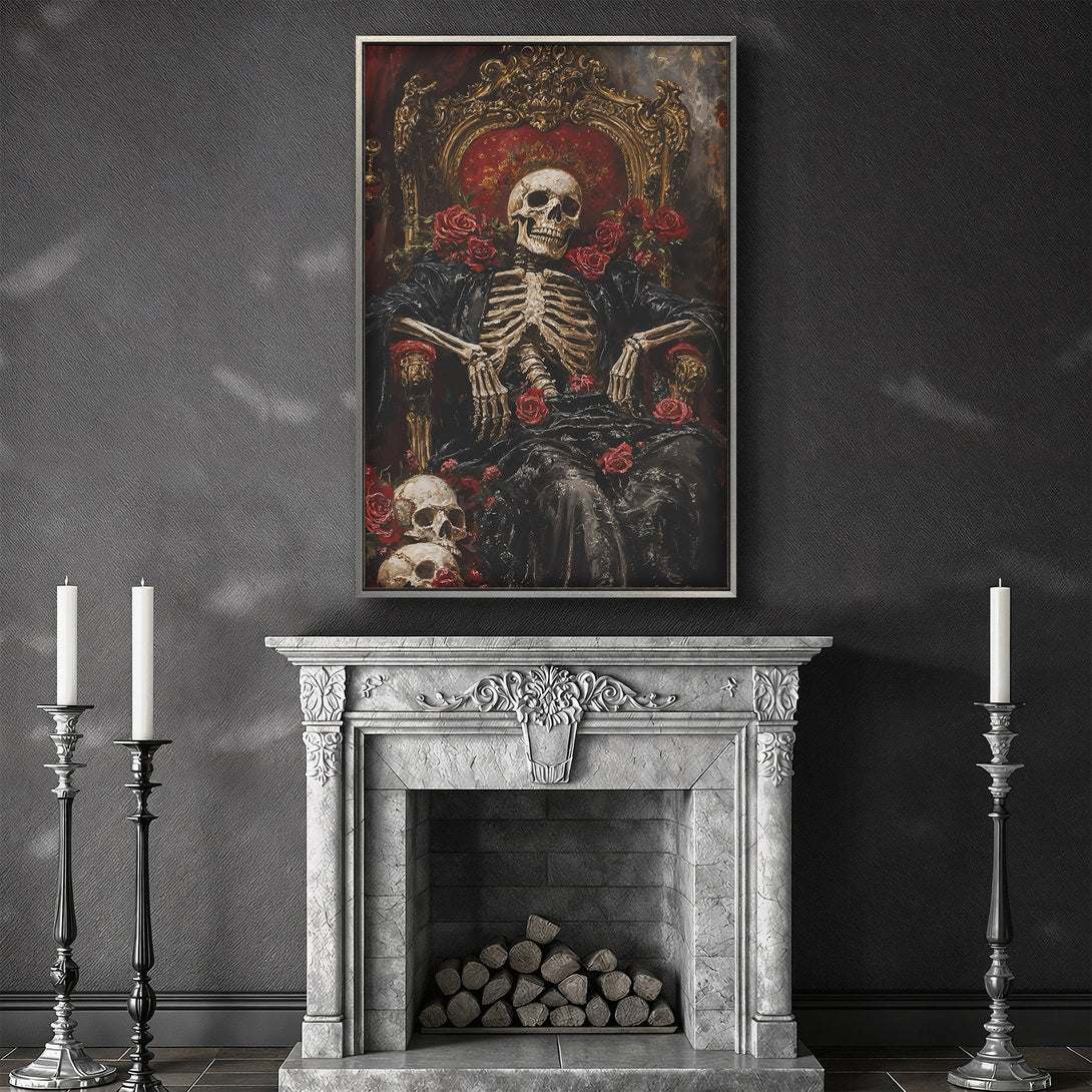 Framed Wall Art featuring a skeleton on a throne with red roses, gothic style, dark and moody color palette. Perfect for a unique home decor statement.