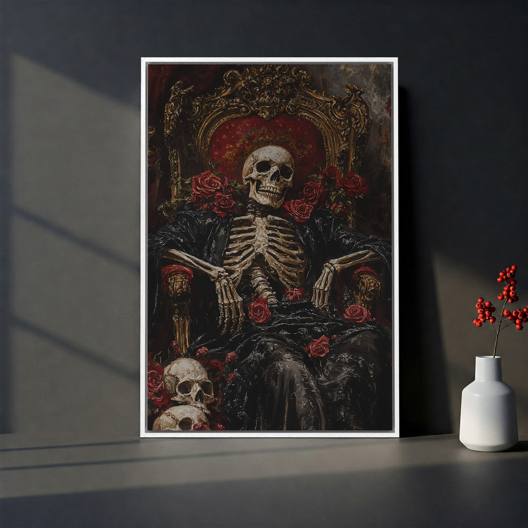 Framed Wall Art featuring a skeleton on a throne, gothic style, with a dark, moody palette of reds, blacks, and golds. Perfect for adding a unique touch.