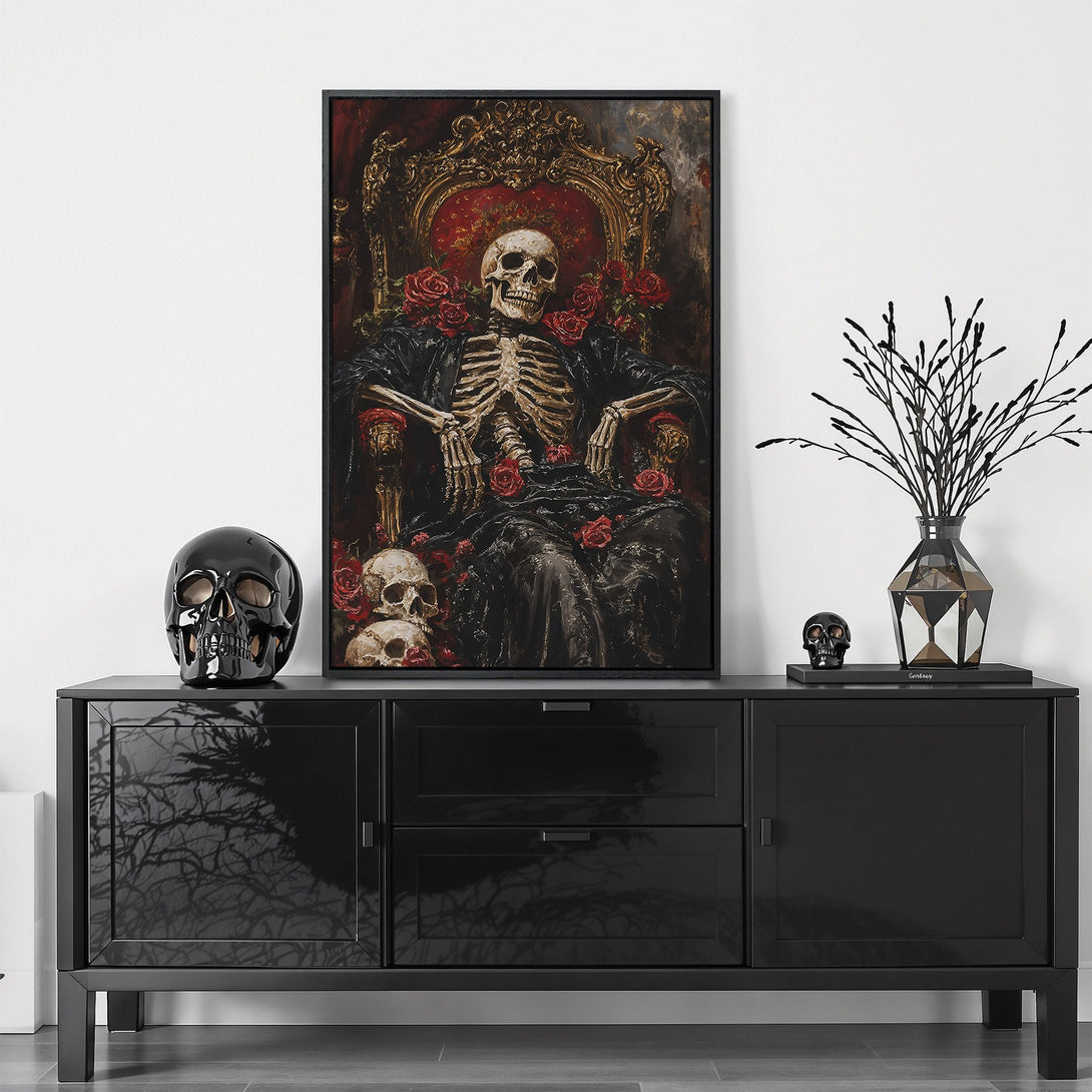 Framed Wall Art: Gothic skeleton portrait with red roses. Dark, moody color palette. Perfect for a stylish, edgy home decor statement.