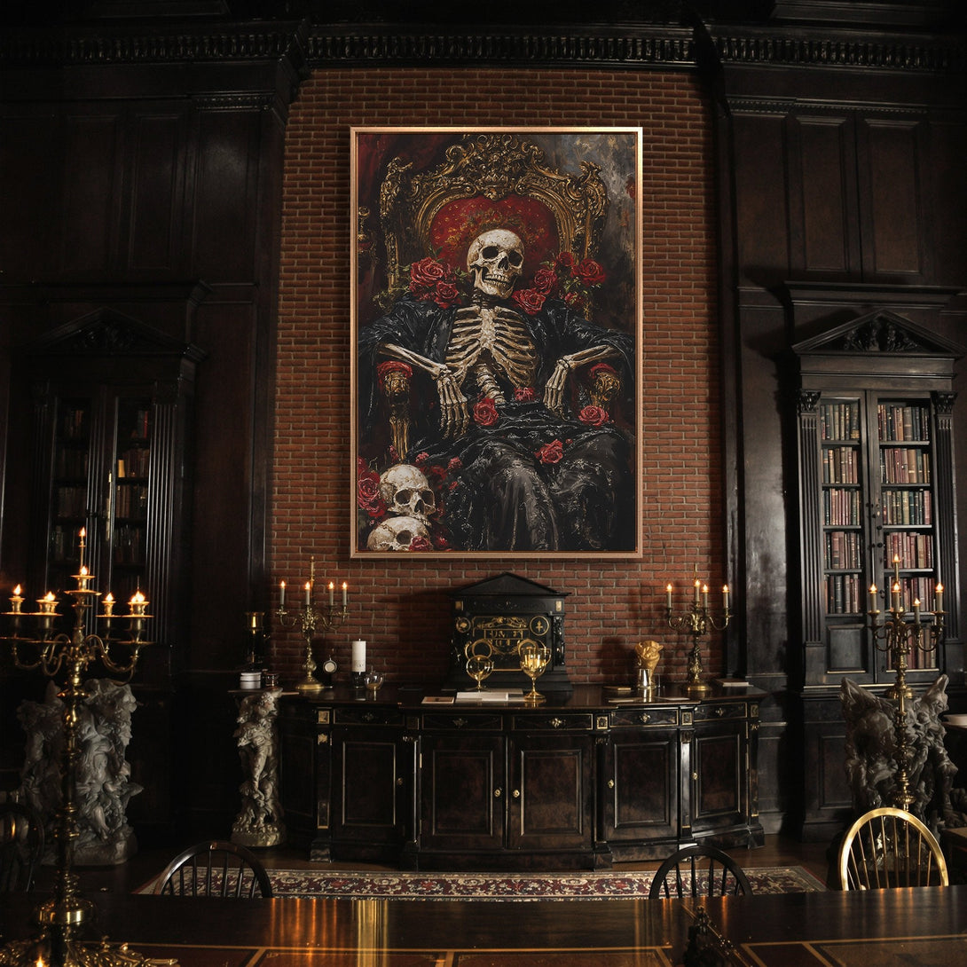 Framed Wall Art: Dark gothic canvas print of a skeleton on a throne, red roses, and dark color palette. Perfect for adding a unique touch to your home decor.