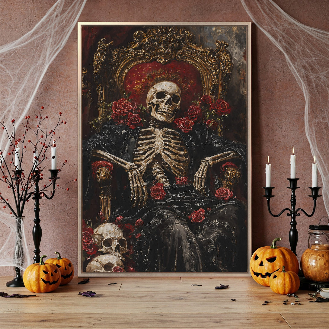 Framed Wall Art: Spooky skeleton on throne with red roses. Dark, gothic style canvas print with a rich, moody color palette. Perfect Halloween decor!