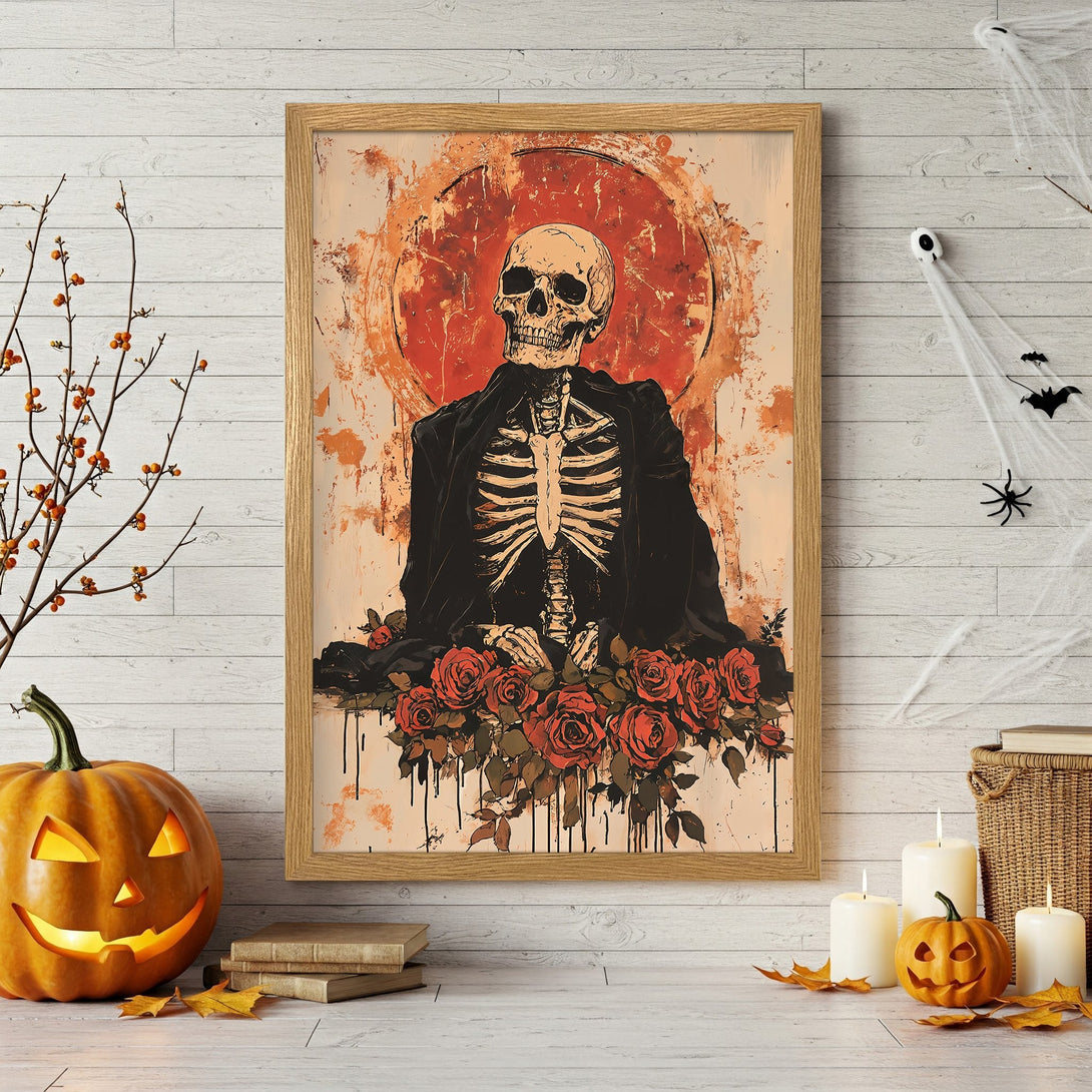 Framed Poster featuring a skeleton with roses, in a vintage style, with a warm orange and black color palette. Perfect Halloween decor!