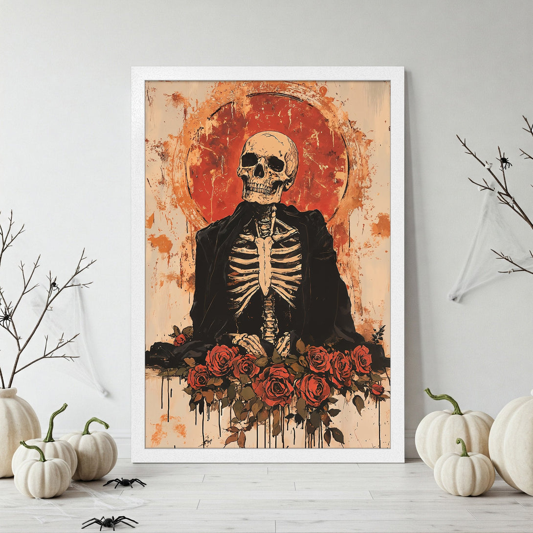 Framed Poster featuring a skeleton with roses, in a vintage style with a warm, earthy color palette. Perfect Halloween decor!
