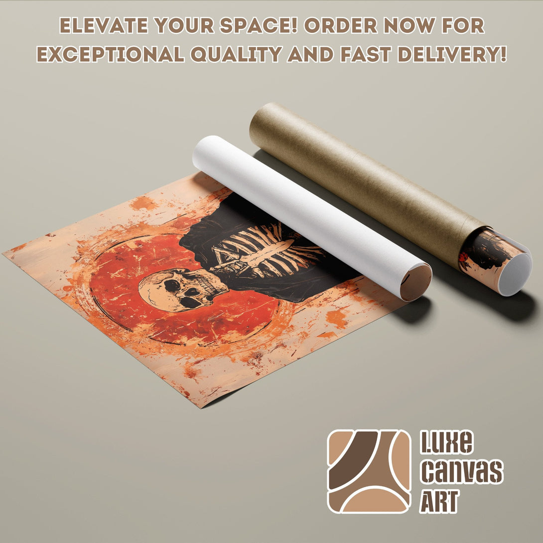 Poster Roll featuring a skeleton art print in warm earth tones. Elevate your space with Luxe Canvas Art!