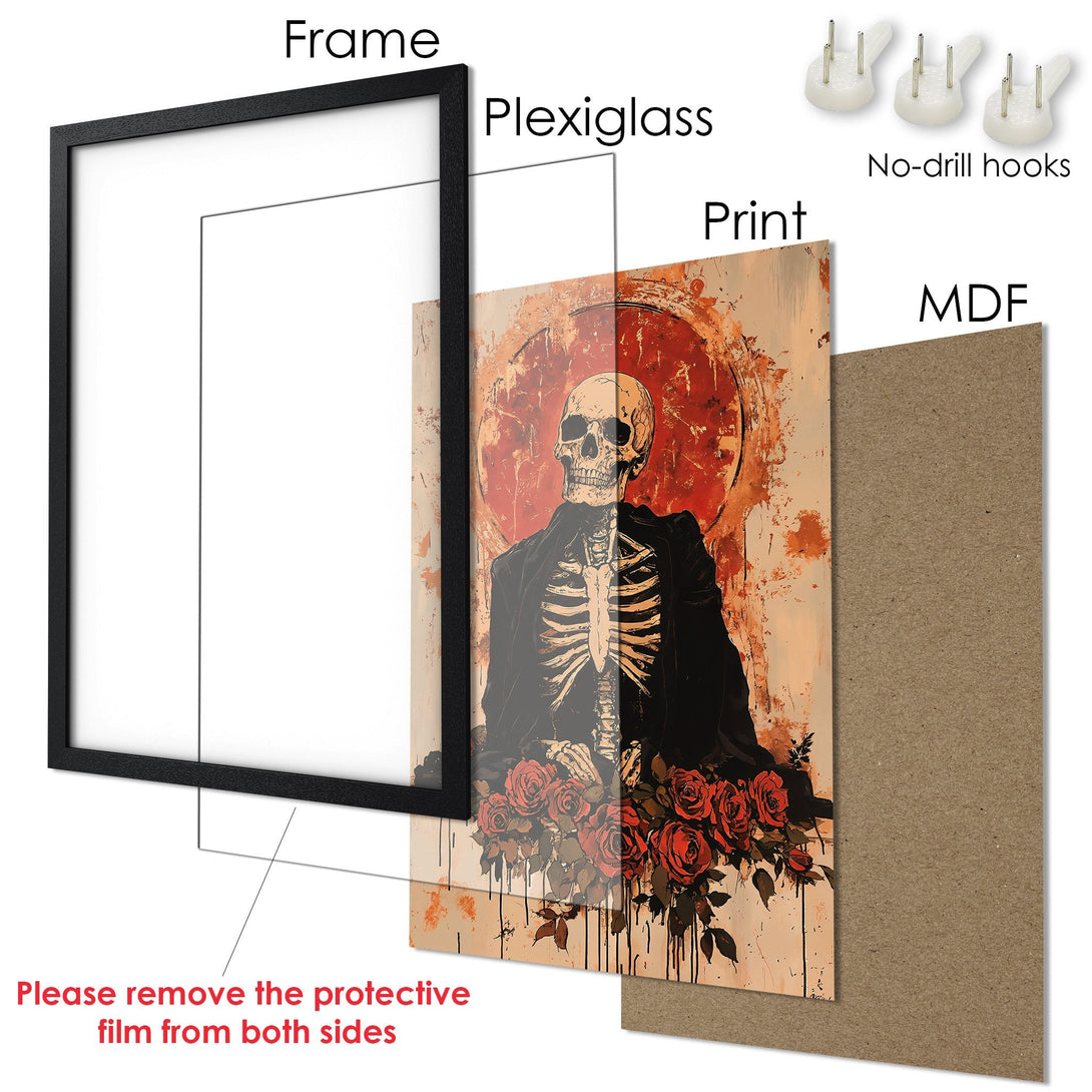Framed Poster featuring a skeleton with roses, in a gothic style with a red and beige color palette. Perfect wall art!