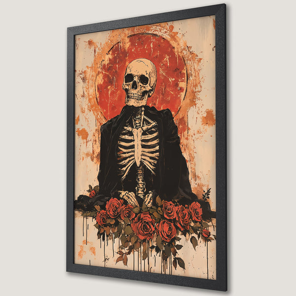 Framed Poster featuring a skeleton with roses, in a vintage style with a warm red and beige color palette. Perfect wall art!