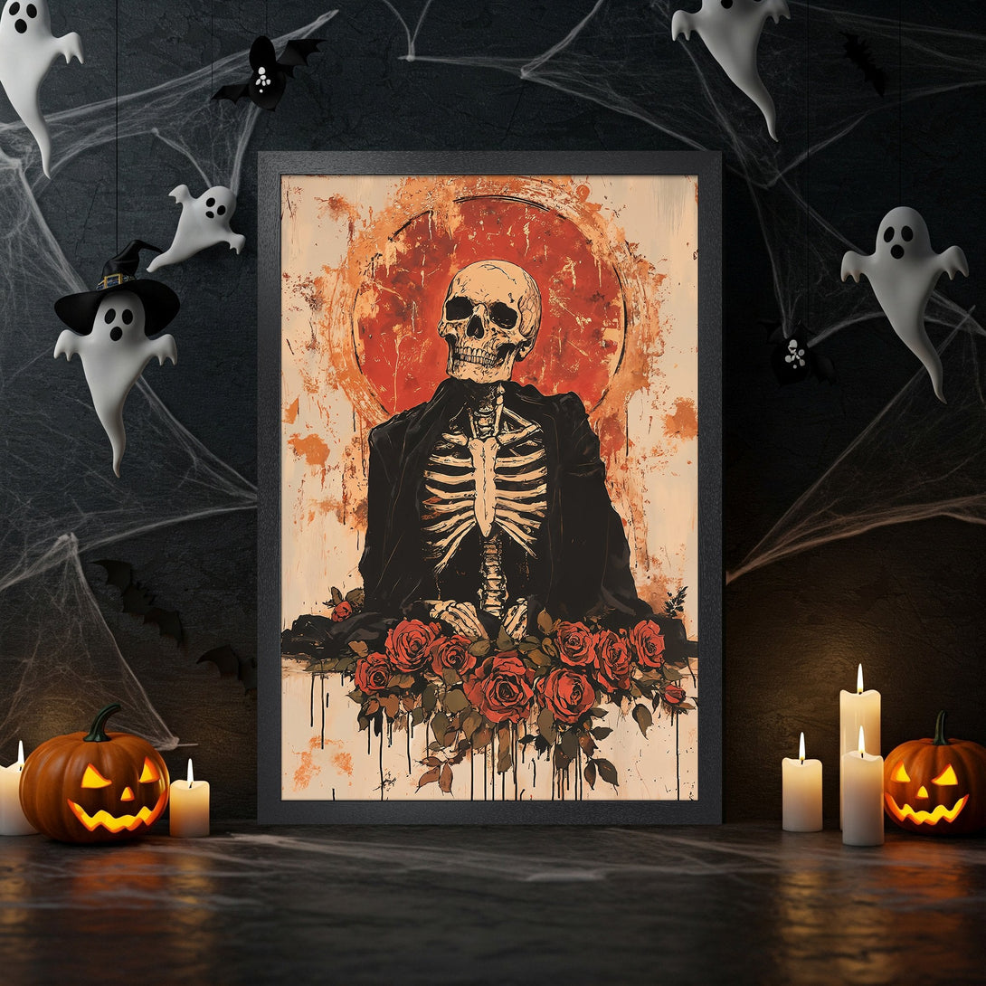 Framed Poster featuring a skeleton with roses, in a vintage style, with a red and black color palette, perfect for Halloween decor.