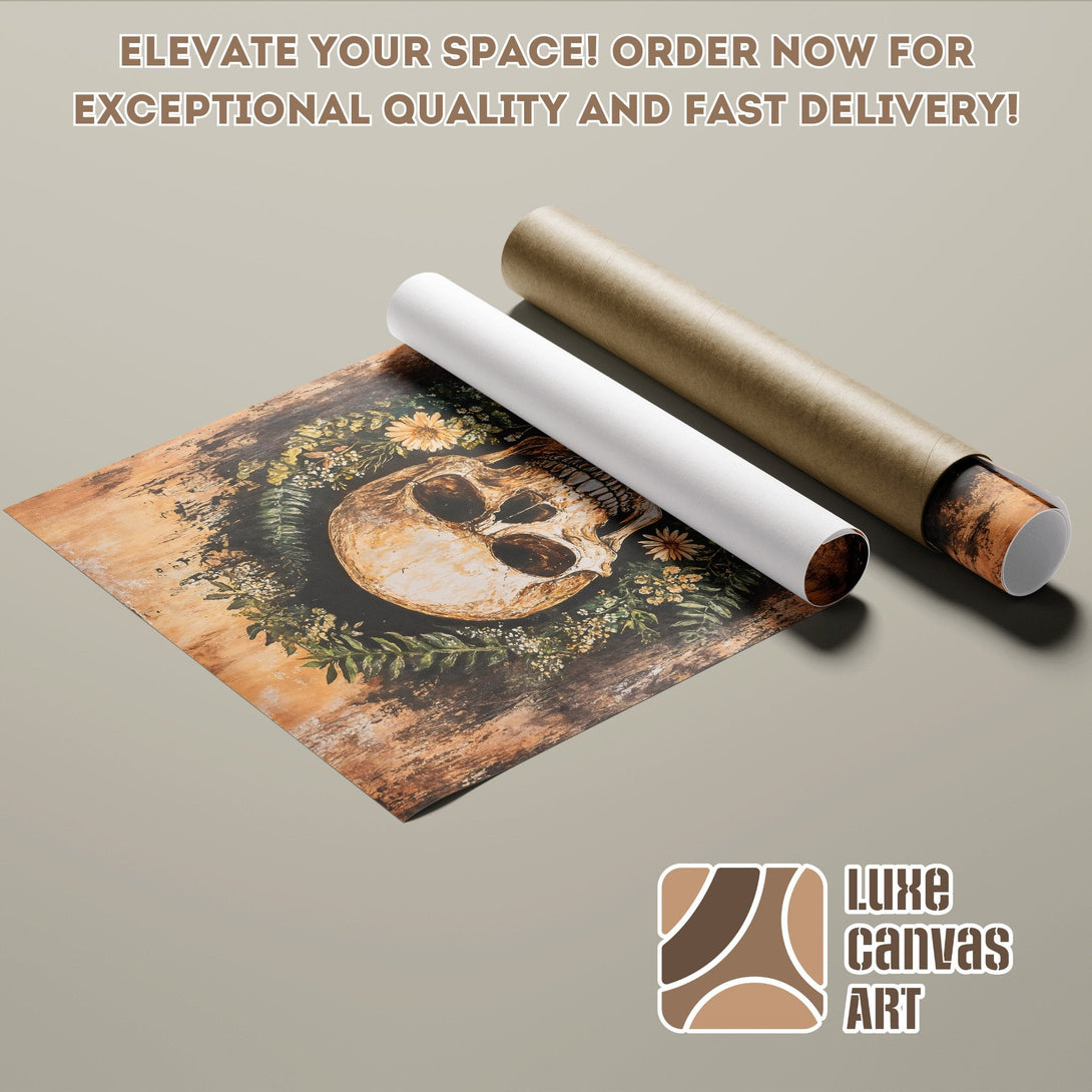 Poster Roll featuring a skull with floral wreath, rustic style, warm brown and green tones.