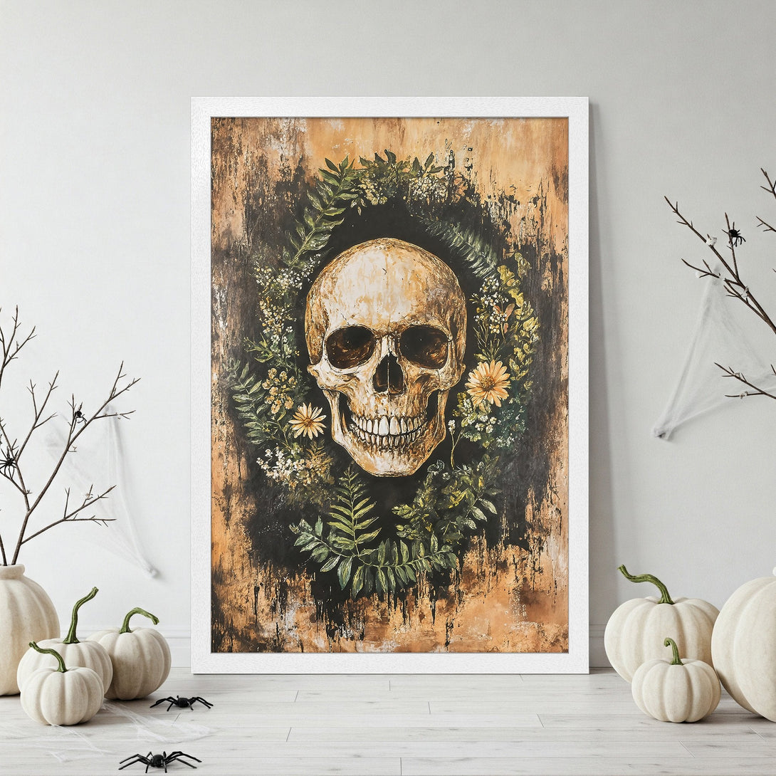 Framed Poster featuring a skull with floral wreath, rustic style, warm brown & green color palette. Perfect Halloween decor!