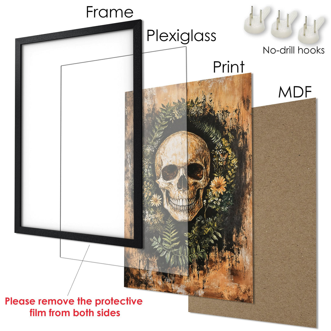 Framed Poster featuring a skull with floral elements, in a rustic style with warm earthy tones. Ready to hang art.