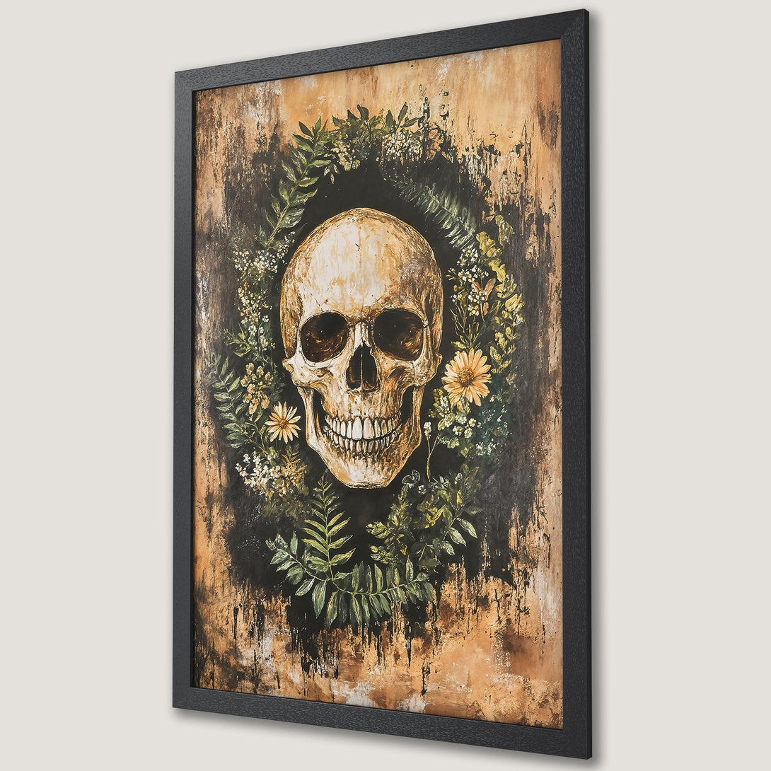 Framed Poster featuring a skull surrounded by flowers. Dark and moody art with a brown, green, and beige color palette. Perfect wall decor.