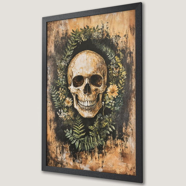 Framed Poster featuring a skull surrounded by flowers. Dark and moody art with a brown, green, and beige color palette. Perfect wall decor.