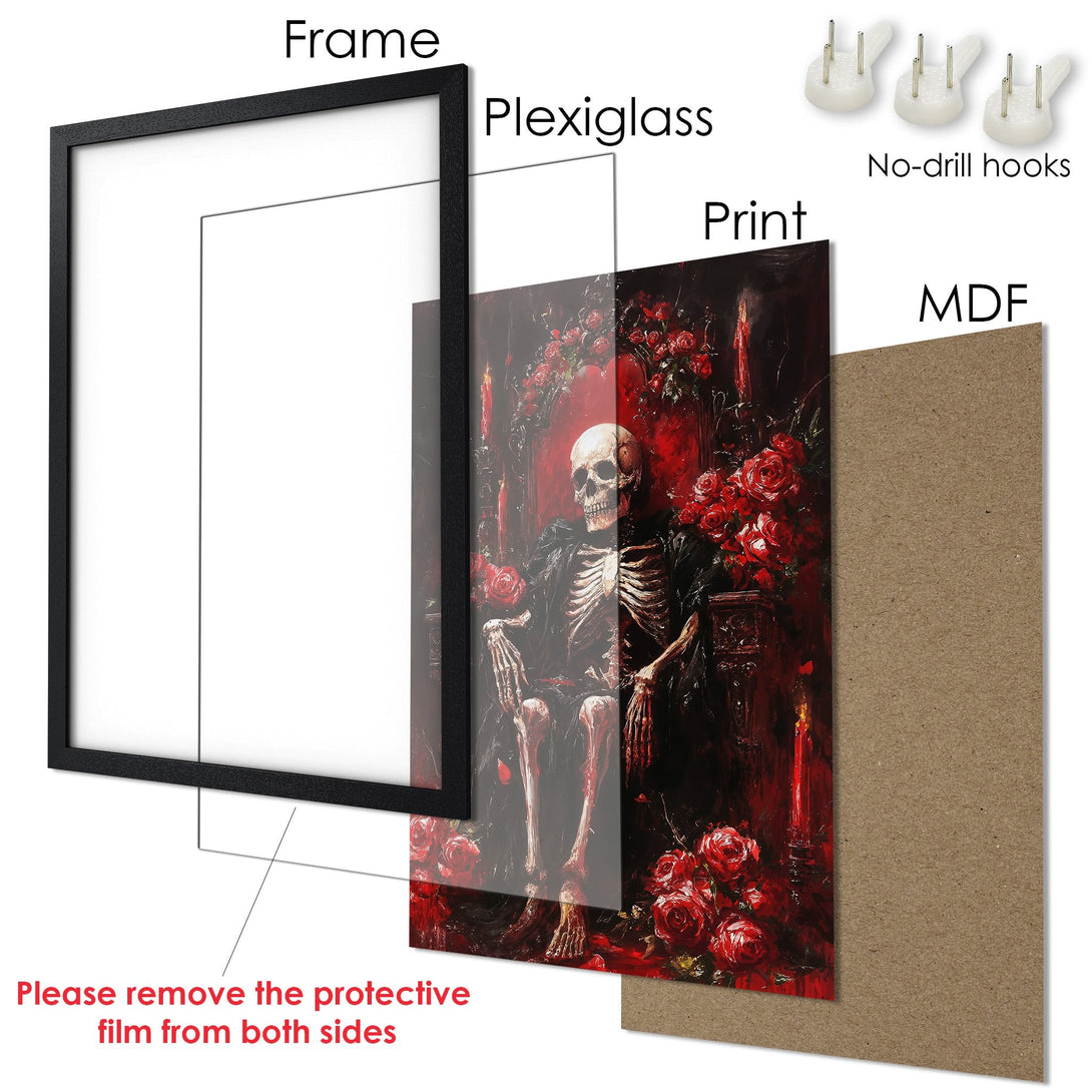 Framed Poster featuring a gothic skeleton with red roses, dark art style, and a deep red color palette. Perfect wall art!