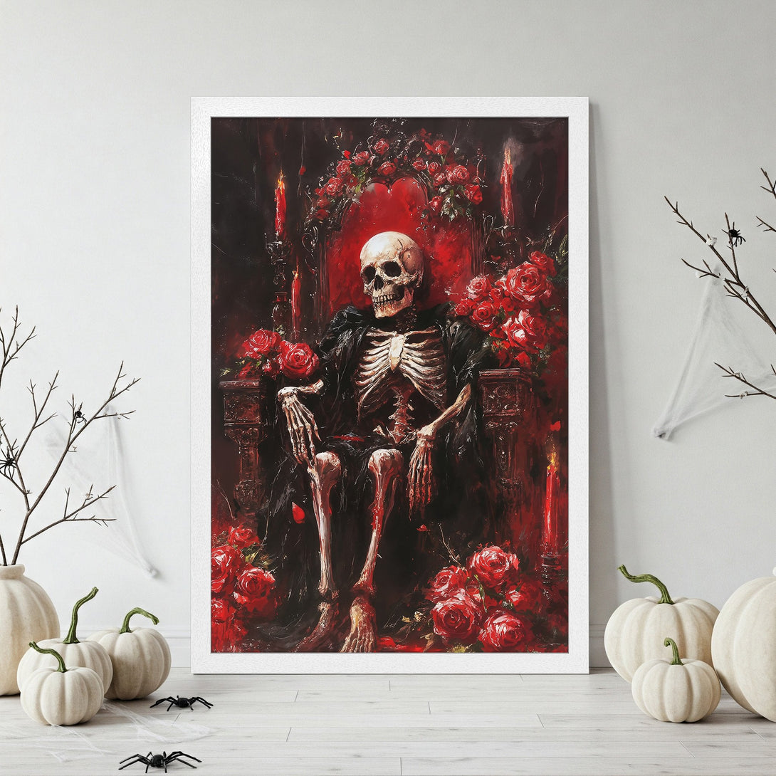 Framed Poster featuring a skeleton on a throne, gothic style, red and black color palette, perfect for Halloween decor.