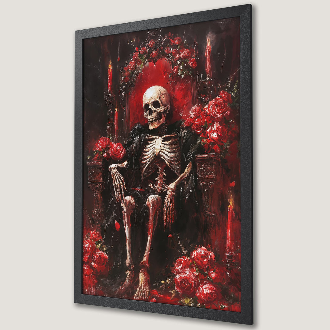 Framed Poster: Gothic art print of a skeleton on a throne with red roses. Dark, dramatic style with a red and black color palette.
