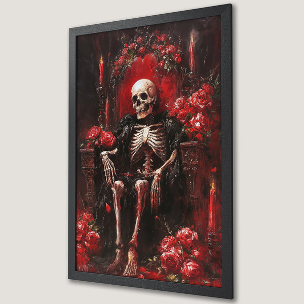 Framed Poster: Gothic art print of a skeleton on a throne with red roses. Dark, dramatic style with a red and black color palette.