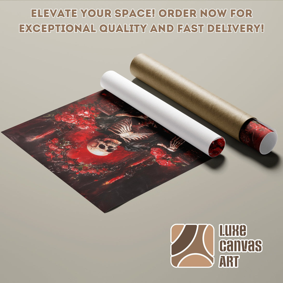Poster Roll featuring gothic art with a dark red and black color palette. Elevate your space with Luxe Canvas Art!