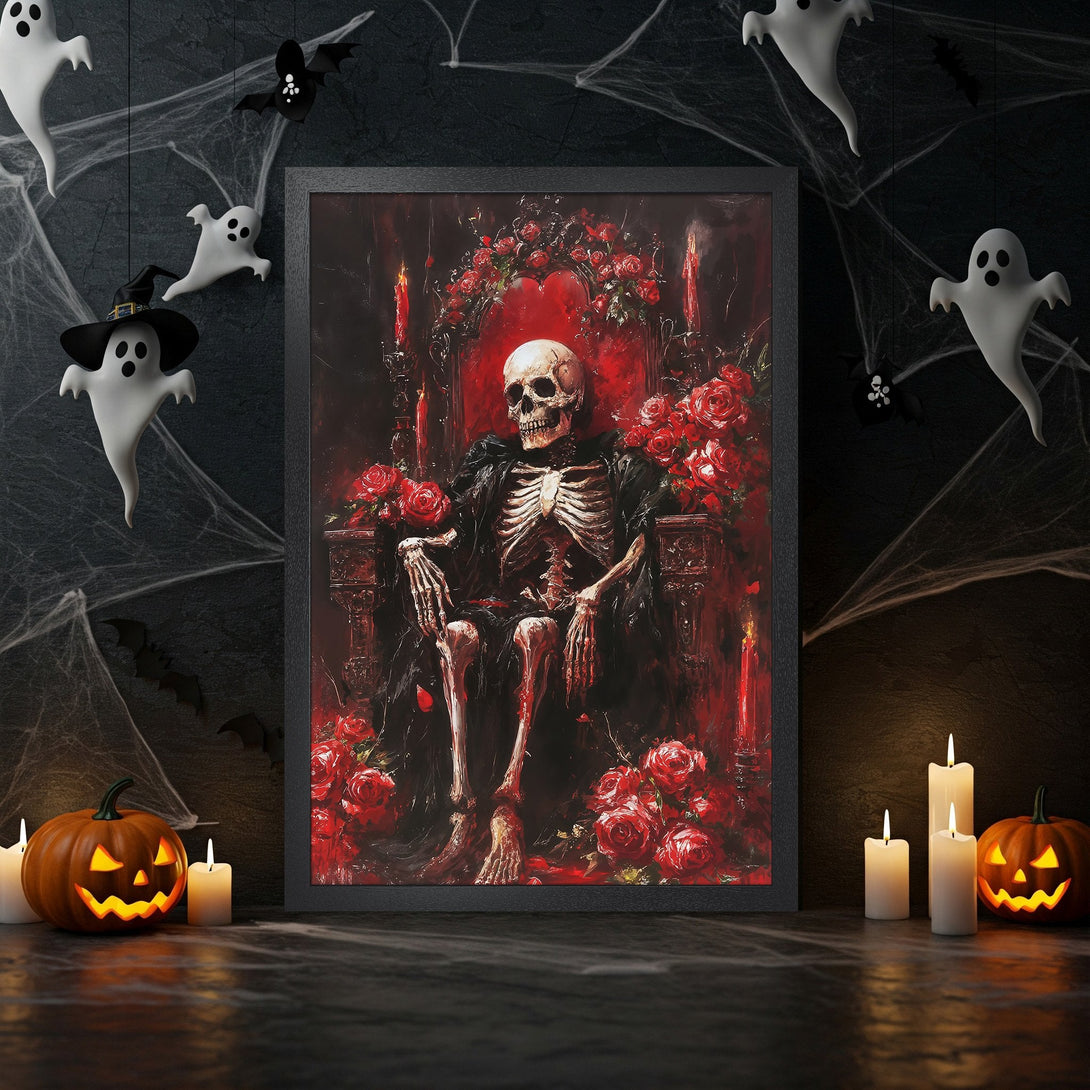Framed Poster featuring a skeleton on a throne with red roses, gothic style, dark red and black color palette, perfect for Halloween decor.