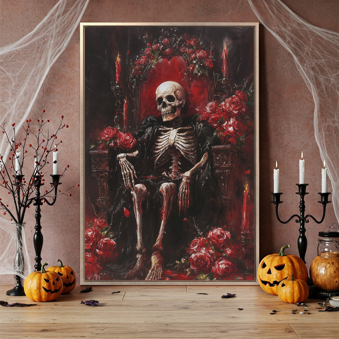 Framed Wall Art: Gothic skeleton portrait with red roses, dark and moody color palette. Perfect Halloween decor for a spooky, stylish interior.