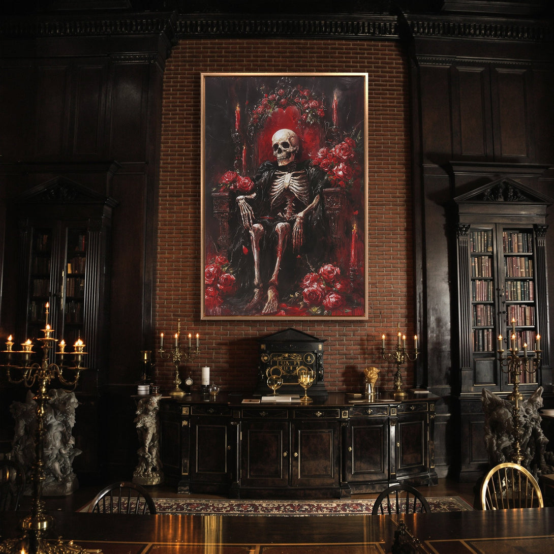 Framed Wall Art featuring a skeleton on a throne, gothic style, with a dark red and black color palette. Perfect for a dramatic home decor statement.