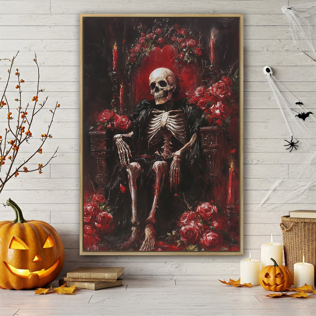 Framed Wall Art: Gothic skeleton on throne with red roses. Dark, dramatic style with a rich red and black color palette. Perfect Halloween decor!
