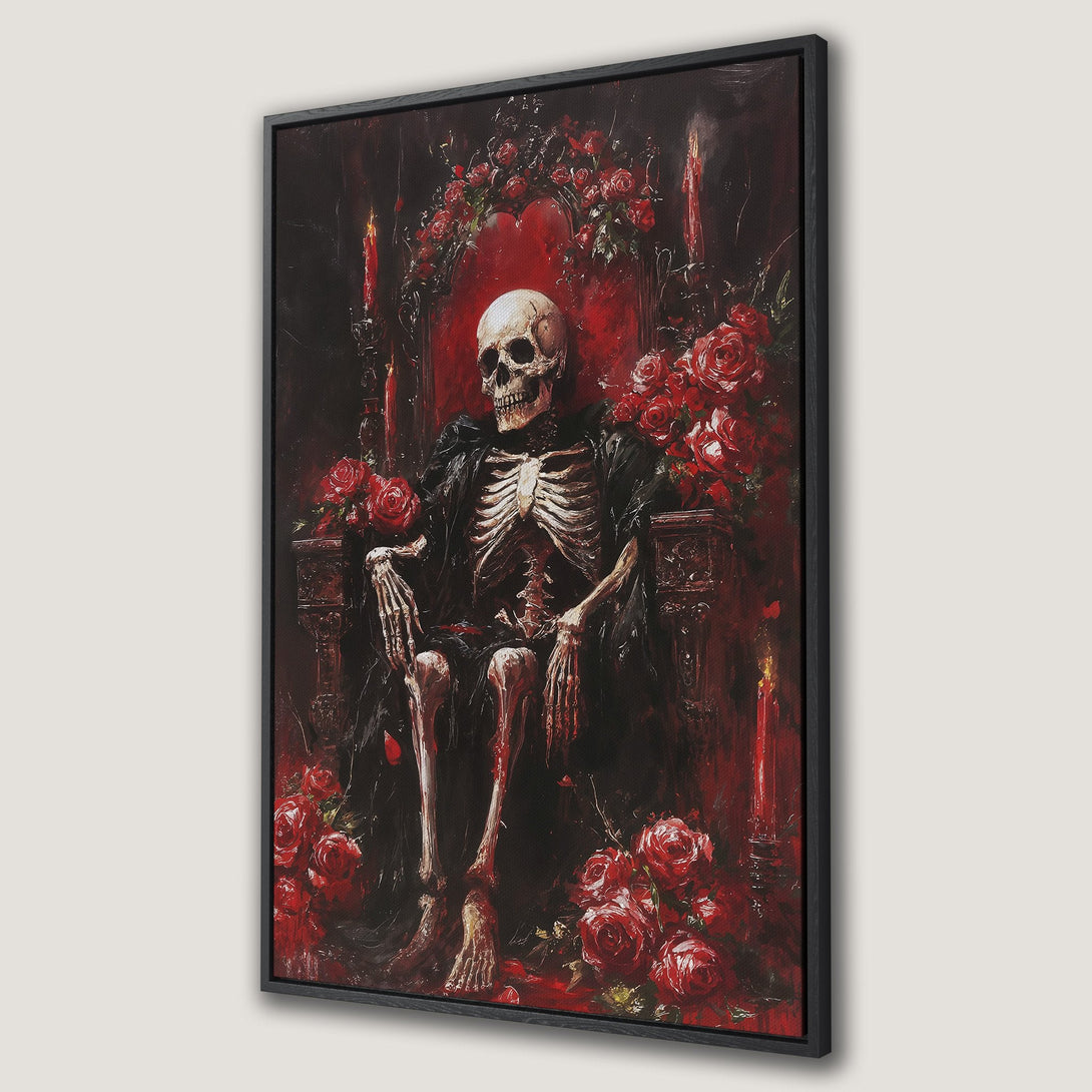 Framed Wall Art: Gothic skeleton on a throne surrounded by red roses. Dark, dramatic painting with a rich red and black color palette. Perfect for unique home decor.