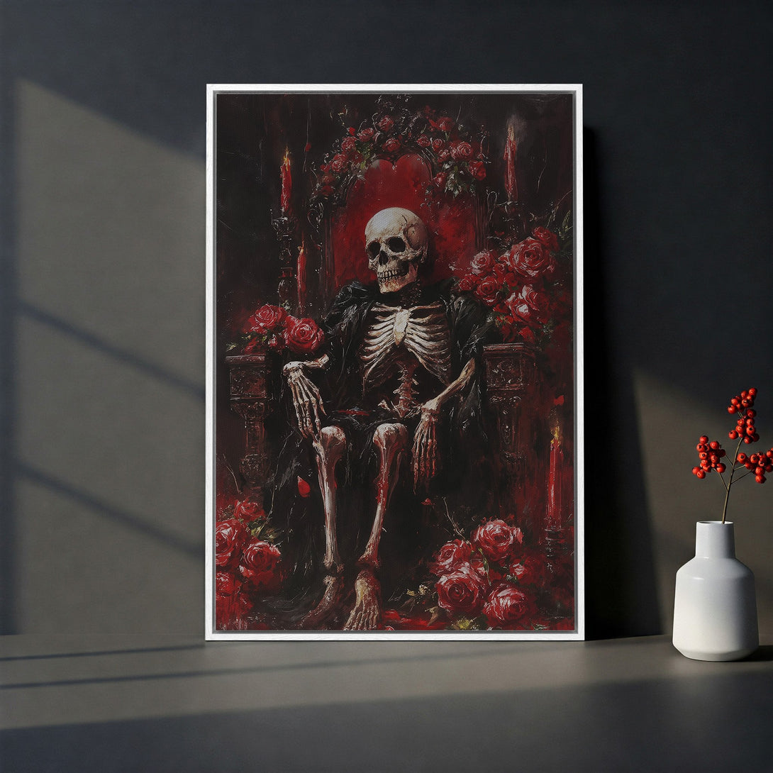 Framed Wall Art featuring a gothic skeleton on a throne, surrounded by red roses. Dark, moody color palette. Perfect for a unique home decor statement.