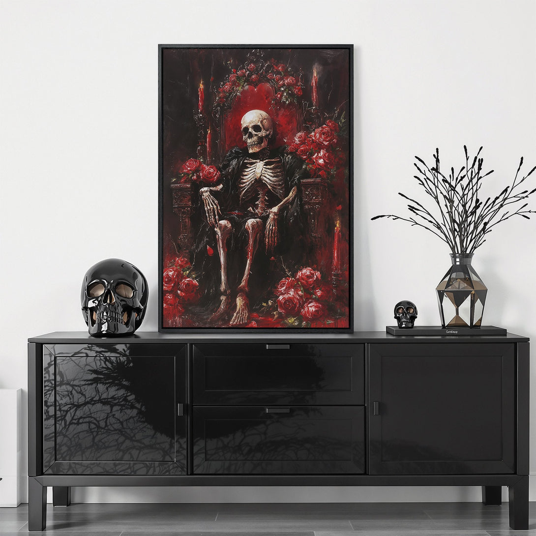 Framed Wall Art: Gothic skeleton on throne with roses. Dark, moody art print in red and black. Perfect for adding a touch of macabre elegance to your home.