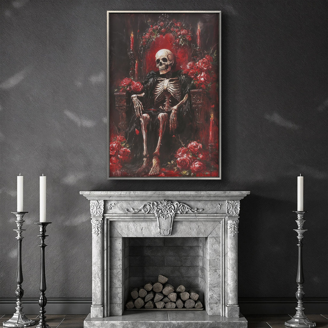 Framed Wall Art: Gothic skeleton on throne with red roses. Dark, dramatic art in a moody red and black color palette. Perfect for a unique home decor statement.