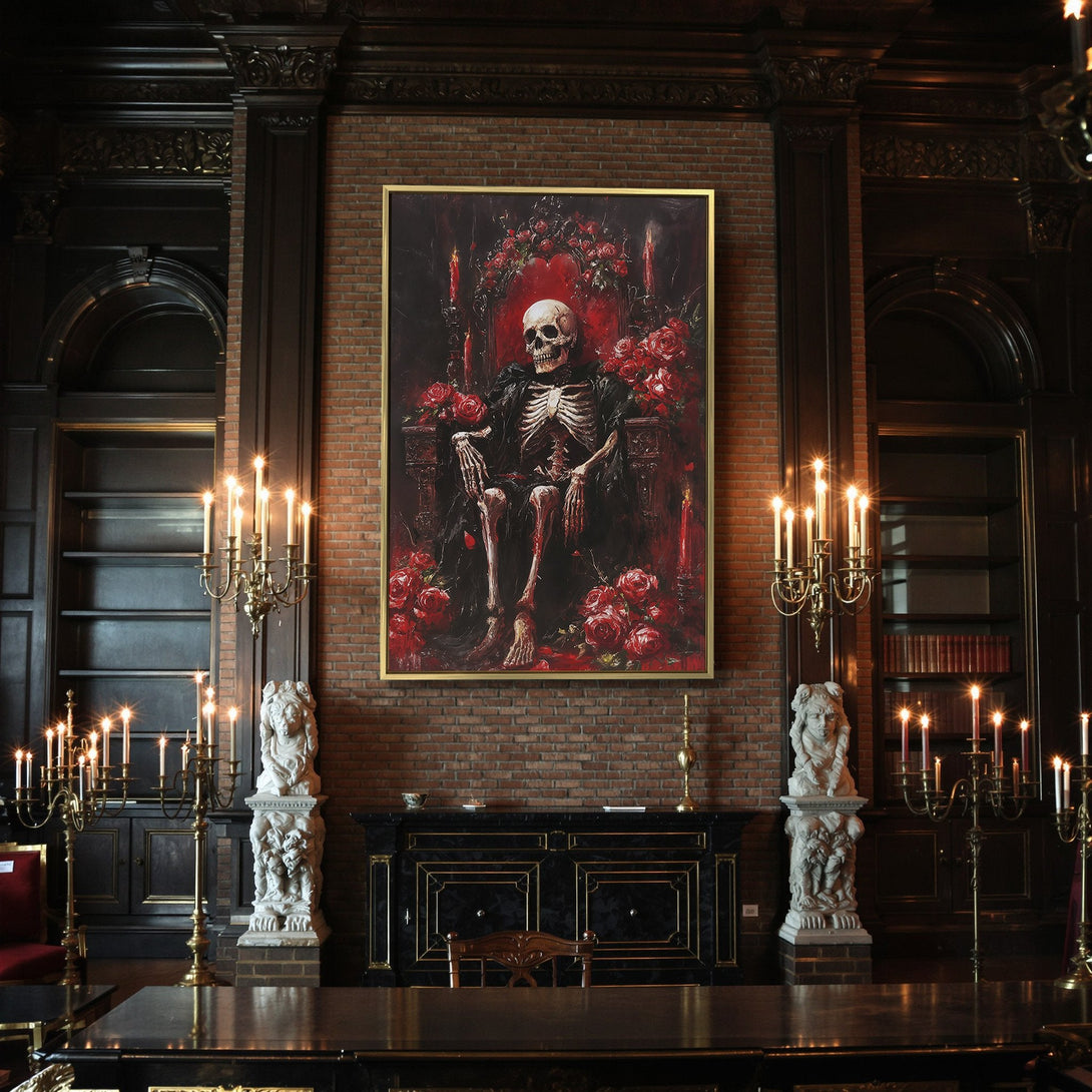 Canvas Print: Gothic skeleton art with red roses. Dark, dramatic painting in a rich red and black color palette. Perfect Halloween decor.