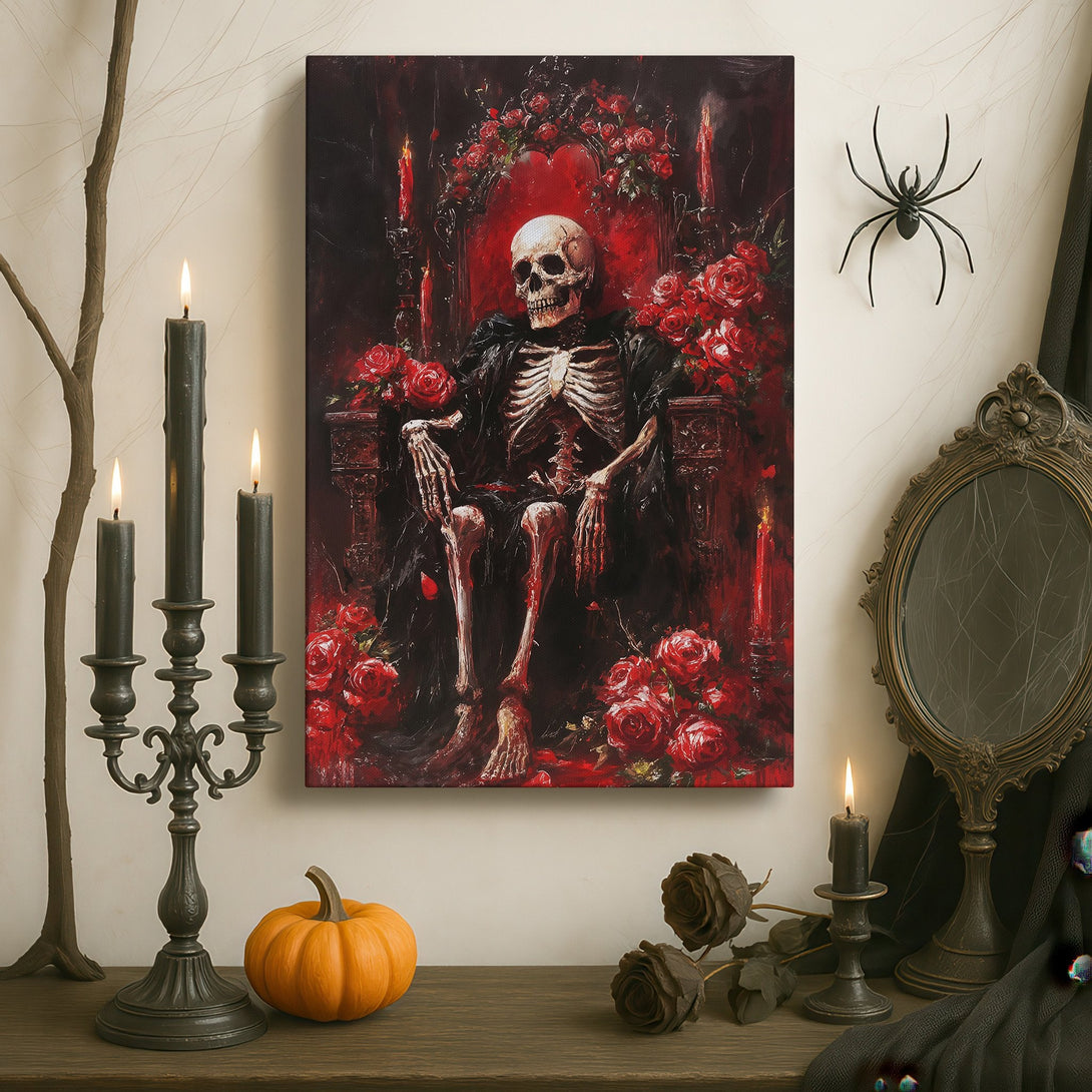 Framed Wall Art: Gothic skeleton on throne Canvas Print with red roses. Dark, moody art for dramatic decor.