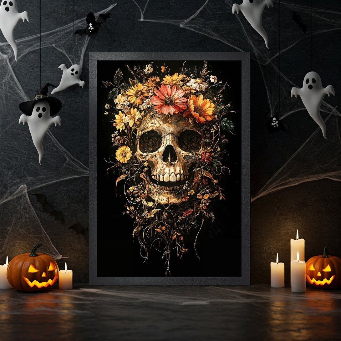 Framed Poster featuring a skull with floral crown, dark & moody style, warm color palette. Perfect Halloween decor.