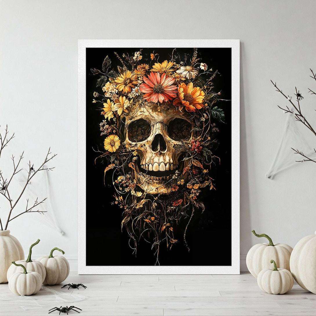 Framed Poster featuring a skull with floral crown, artistic style, warm color palette. Perfect Halloween decor!